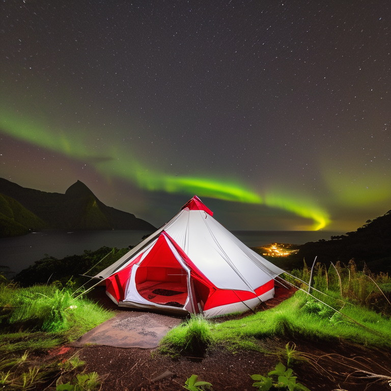 A red and white tent rests on a quiet dirt campsite beneath glowing northern lights. Rainy grass, scattered stones, and a winding trail create a peaceful nighttime mood, while a deer watches from the distance.