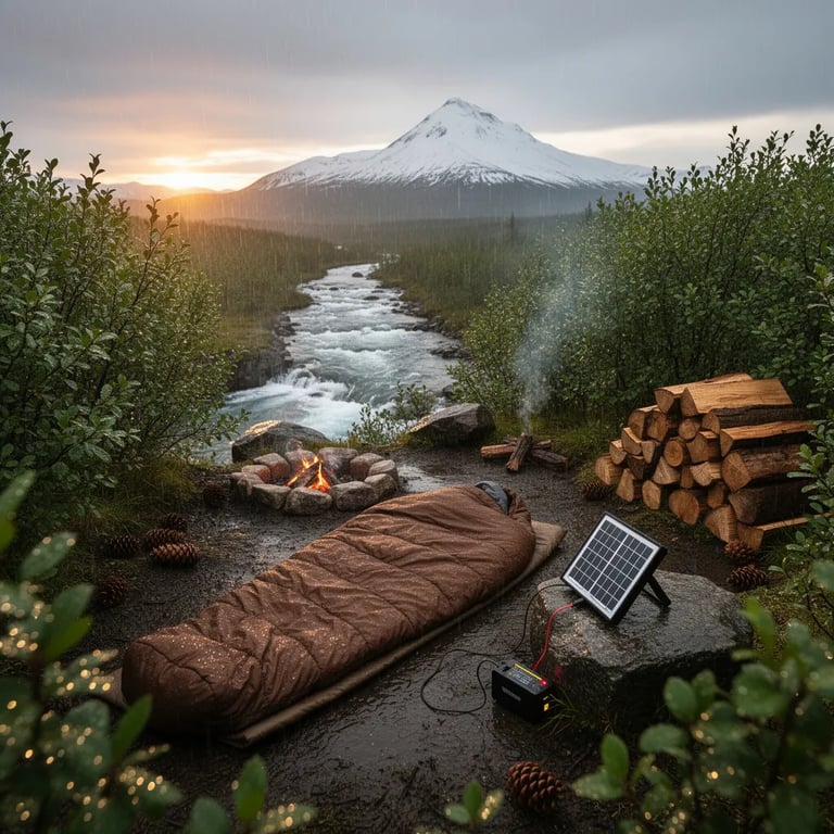 This cozy campsite sits by a rushing river with a snowy mountain in the distance. Pine trees and soft greenery surround the crackling campfire and neat stack of logs. It’s a peaceful spot to relax and watch the sun rise in nature.