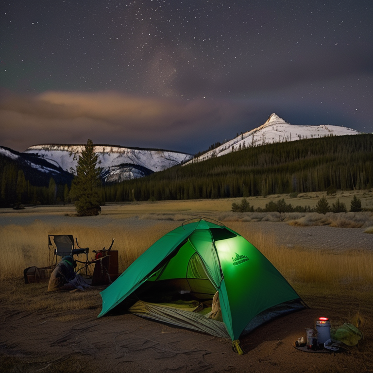 A green camo tent rests beside a warm campfire in snowy Yellowstone. A mountain rises in the dark background, while a wooden guitar lies on the dirt nearby. Far away, a person’s flashlight glows through the cold night.
