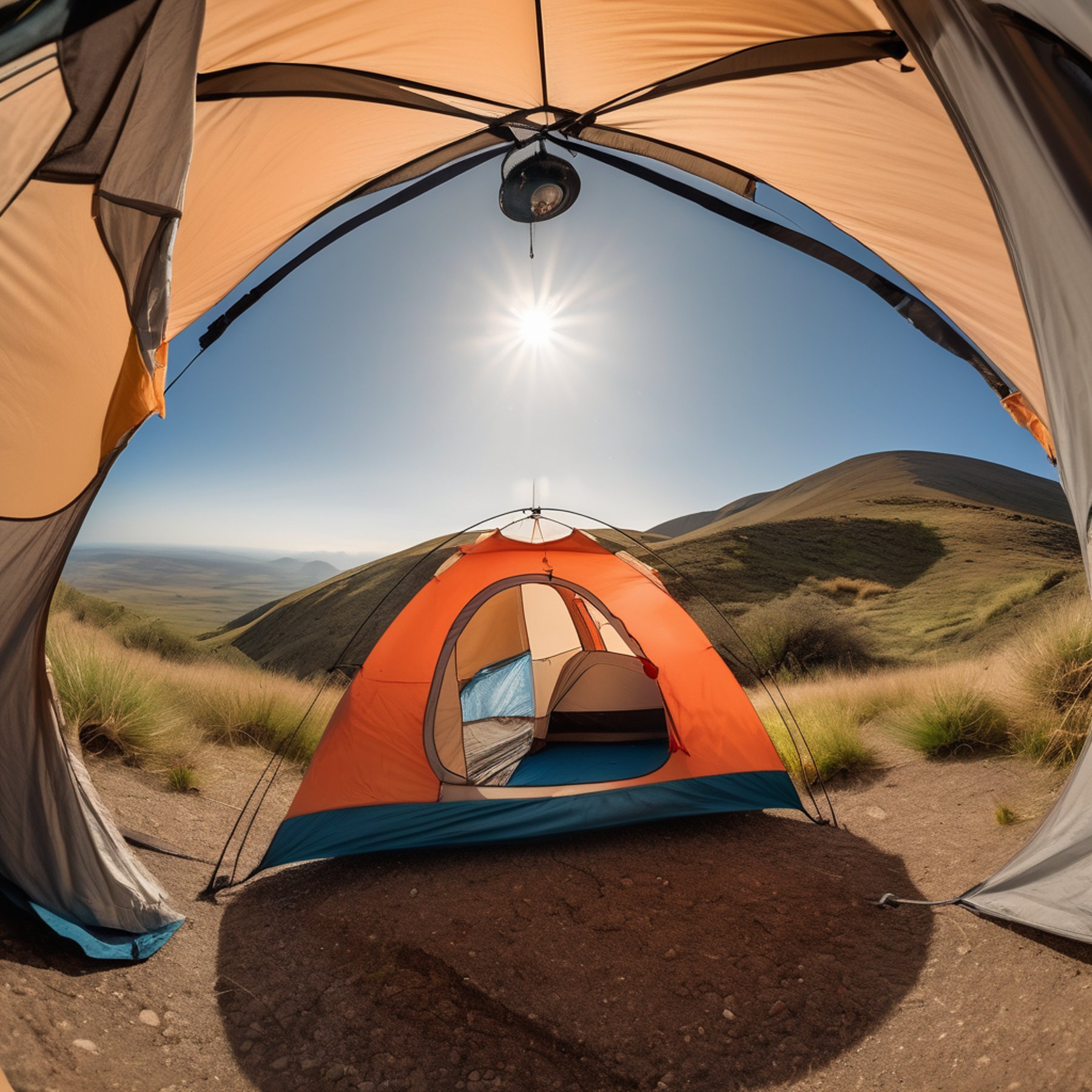 A bright coral dome tent rests beneath a natural rock arch, with a bicycle and lantern nearby. Rolling hills and a tall mountain stretch into the distance, while a waterfall frames the breezy campsite.