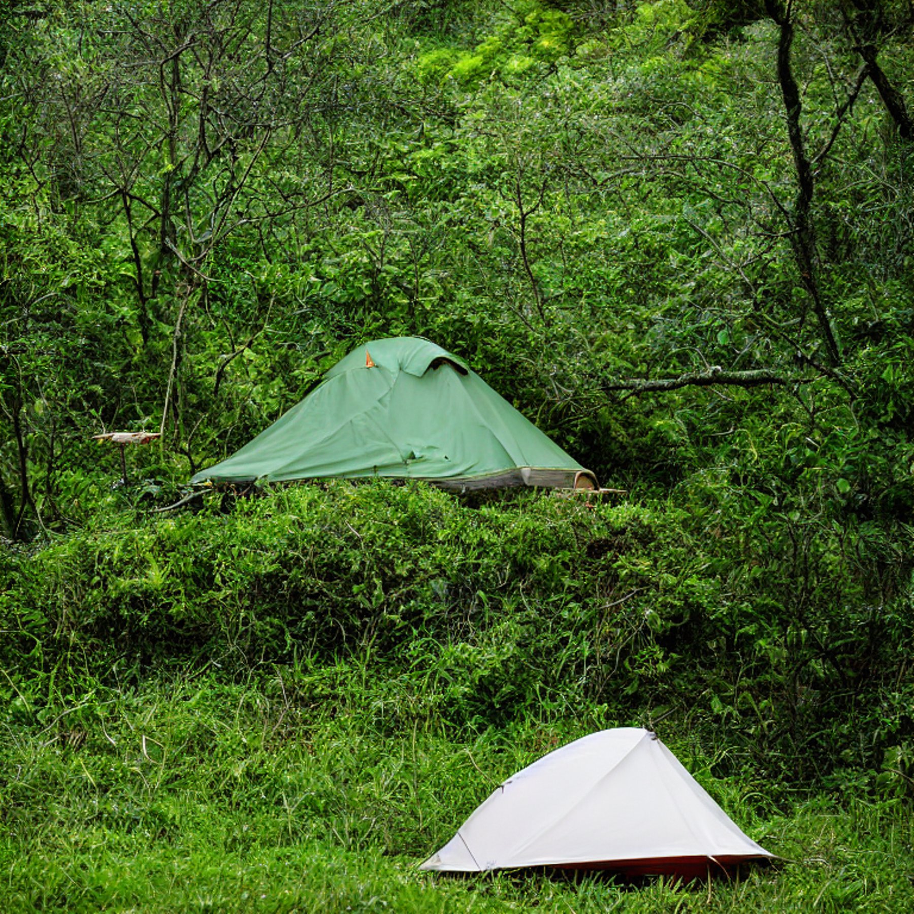 A forest-green tent rests on a paved campsite in Soufrière, St. Lucia. Stormy skies gather over the tall grass, while a soft flashlight glow shines from inside. A box of camping gear and a small twig sit near the dirt patch.