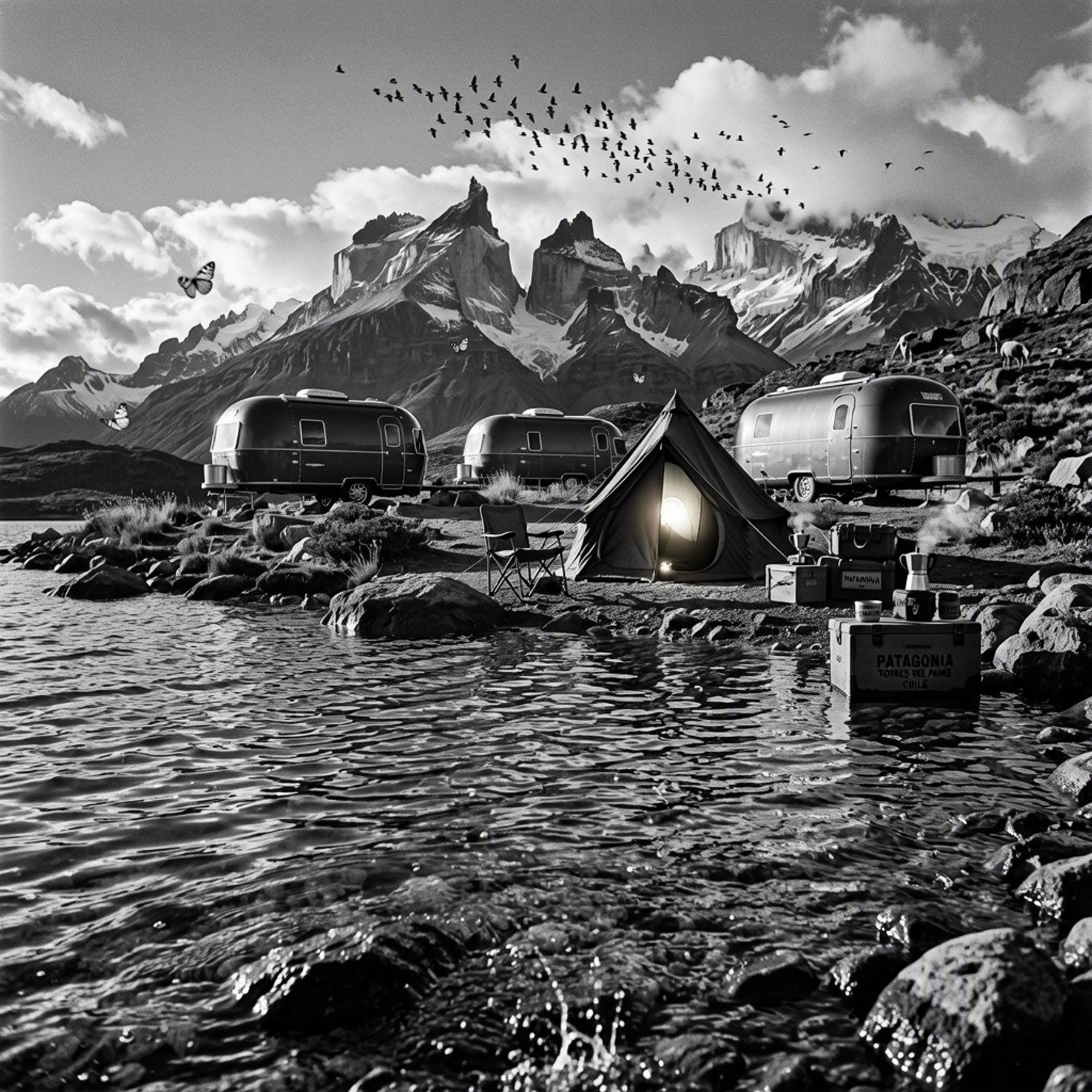 A quiet campsite rests on a rocky peninsula beside the clear lake. Three dark trailers and a glowing canvas tent sit among rough grass and stones, with the Paine mountains rising behind them. Guanacos wander in the distance while steam curls from a small coffee pot.