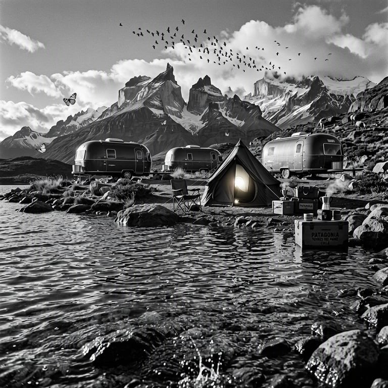 A quiet campsite rests on a rocky peninsula beside the clear lake. Three dark trailers and a glowing canvas tent sit among rough grass and stones, with the Paine mountains rising behind them. Guanacos wander in the distance while steam curls from a small coffee pot.