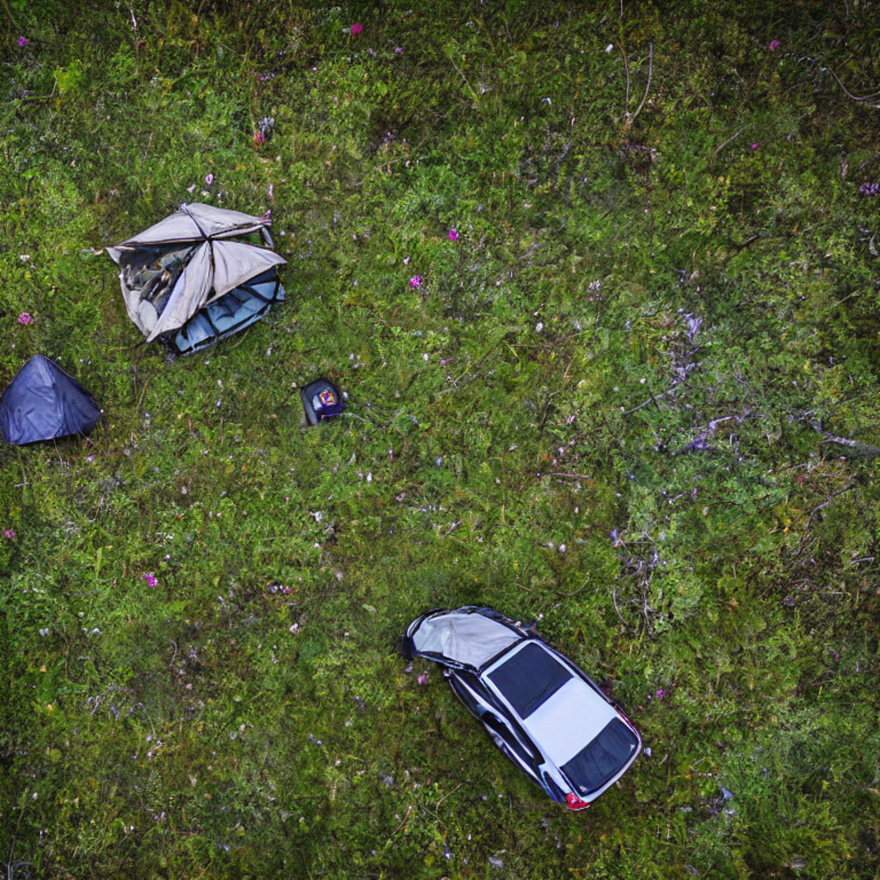 A green camo Subaru rests beside a quiet river, with a cozy rooftop tent open above it. A warm campfire glows on the dirt while the northern lights shine through cloudy skies. Wild grass, flowers, leaves, and twigs surround the peaceful campsite.