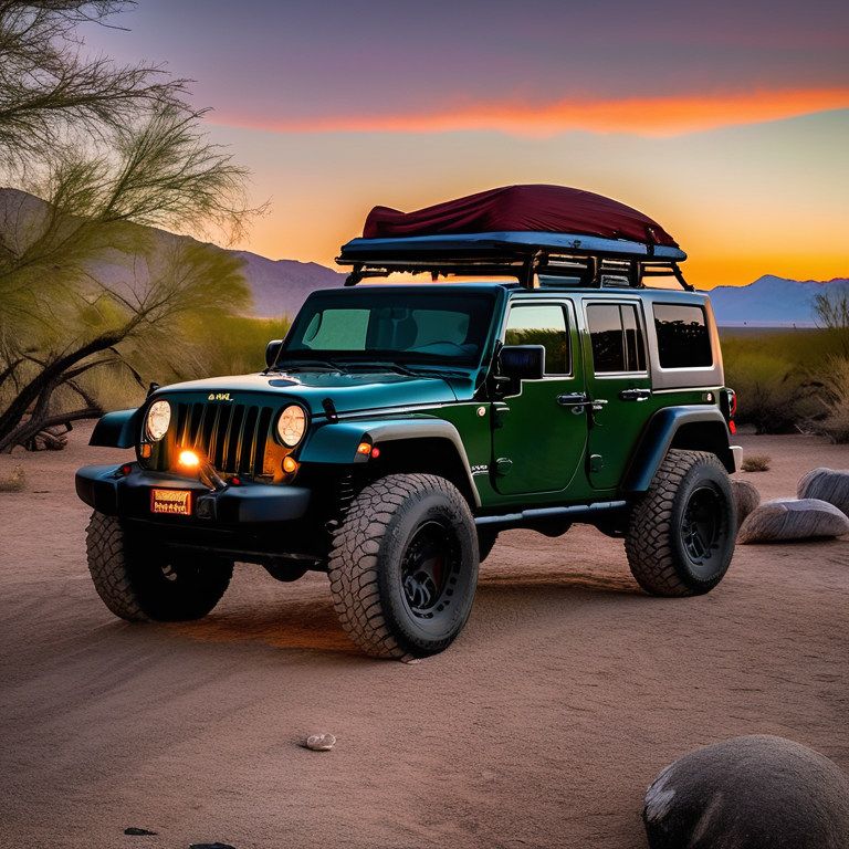 A forest green Jeep with an open rooftop tent rests at a quiet campsite in Death Valley. Soft sunrise light shines through cloudy skies, with mountains and small trees in the distance. A large log sits beside the campfire on the sandy ground.