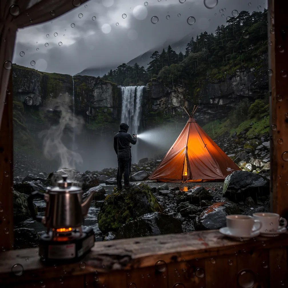 Rain taps on the window as a misty waterfall crashes down the dark cliffs. A copper teepee tent glows warm on the wet rocks, like a little lantern in the night. In the front, a coffee pot sits on a tiny stove, and a lone camper shines a flashlight through the fog.