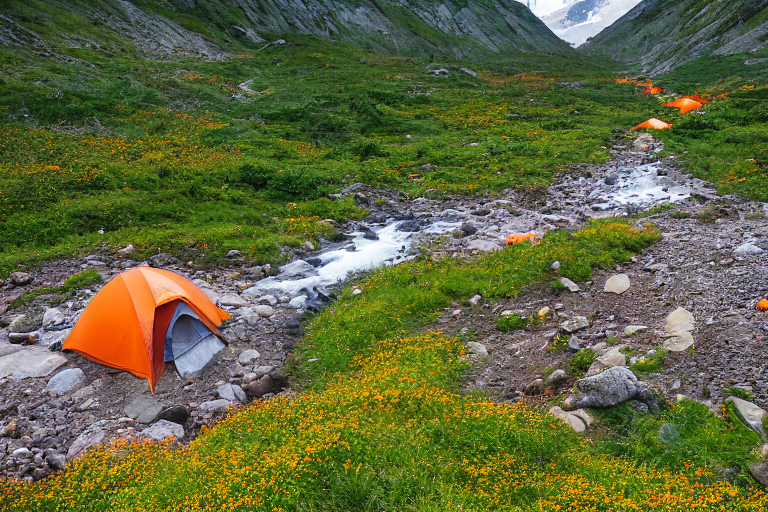 An orange tent glows warmly beside a clear stream in a rocky campsite. Golden sunlight lights the valley, bushes, and colorful mountain scenery around it.