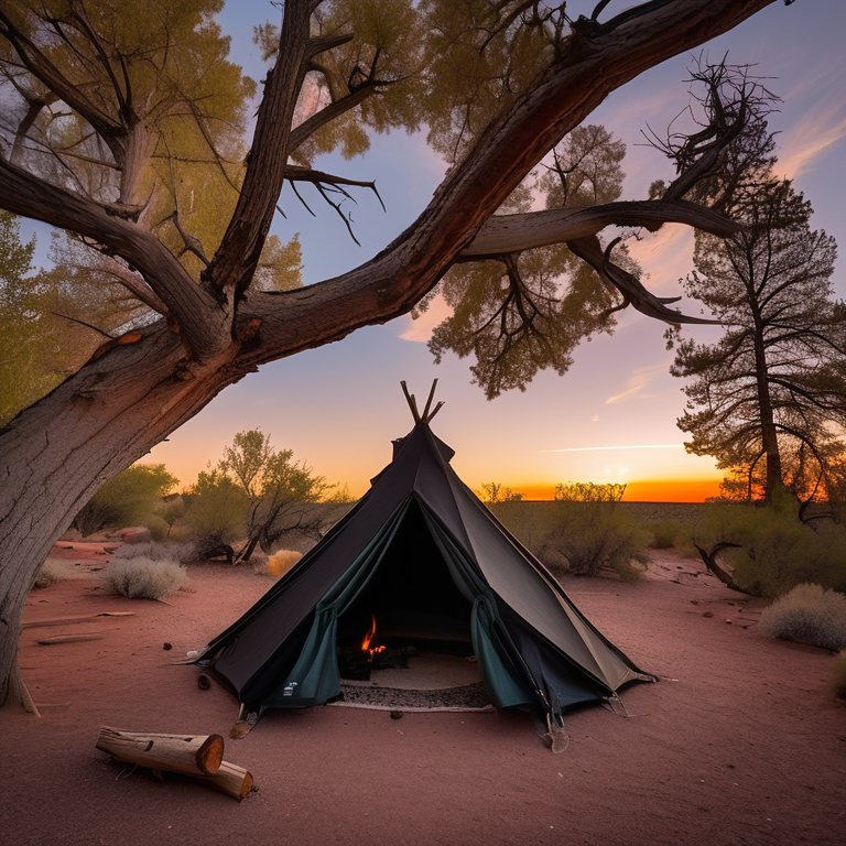 A black tent rests beside a warm campfire in a quiet patch of dirt. Moss-covered trees and a picnic table surround the site as the sunset paints the clear sky.