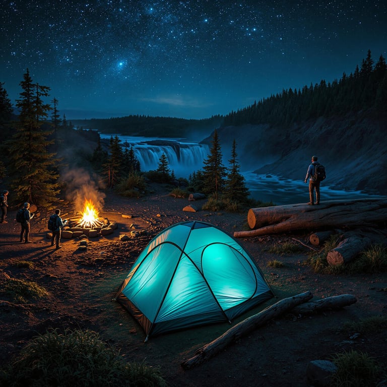 Under a sparkling night sky, campers gather around a warm fire as a waterfall roars in the distance. The glowing tent and tall trees create a magical and cozy atmosphere. It's a perfect place for adventure and starry night stories.