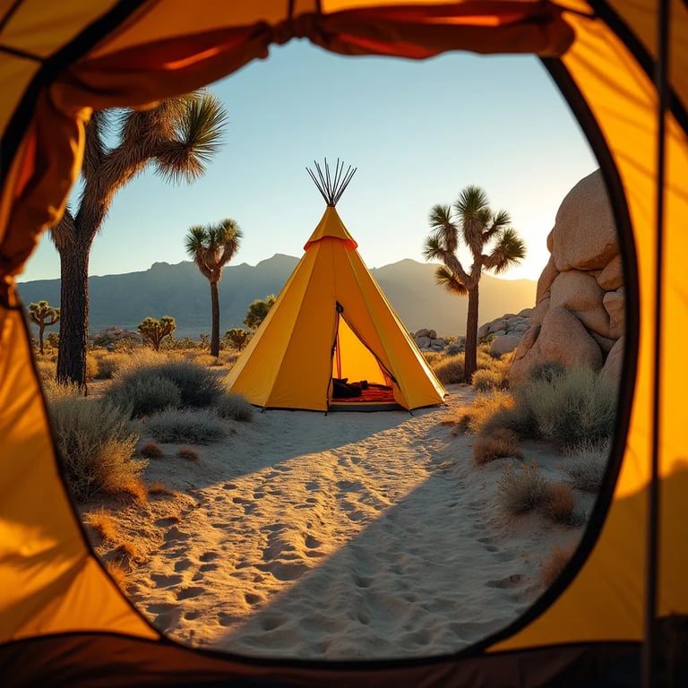 A bright yellow tepee stands among the trees of Joshua Tree National Park. Sunset light warms the campsite, while animal tracks wind through the dusty ground. A nearby lake reflects the peaceful sky and glowing camp.