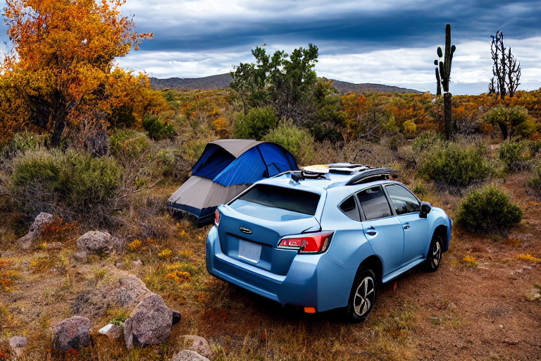 A gray and blue Subaru sits beside a cozy campfire in the New Mexico desert. Fall-colored trees, tall grass, and large boulders surround the rainy campsite, while hikers explore nearby. A rooftop tent adds a fun touch to the peaceful outdoor scene.