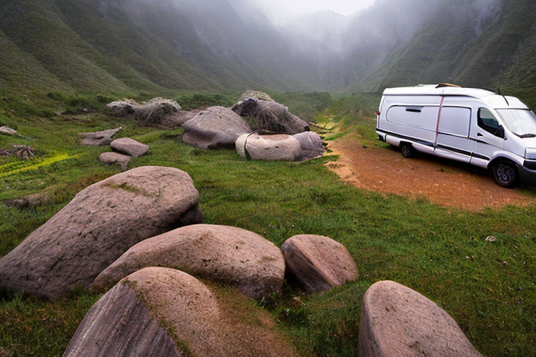 A forest-green van rests on a quiet dirt campsite surrounded by tall grass and misty mountains. A clear stream winds past smooth boulders, while a wooden guitar lies nearby, adding a cozy touch.