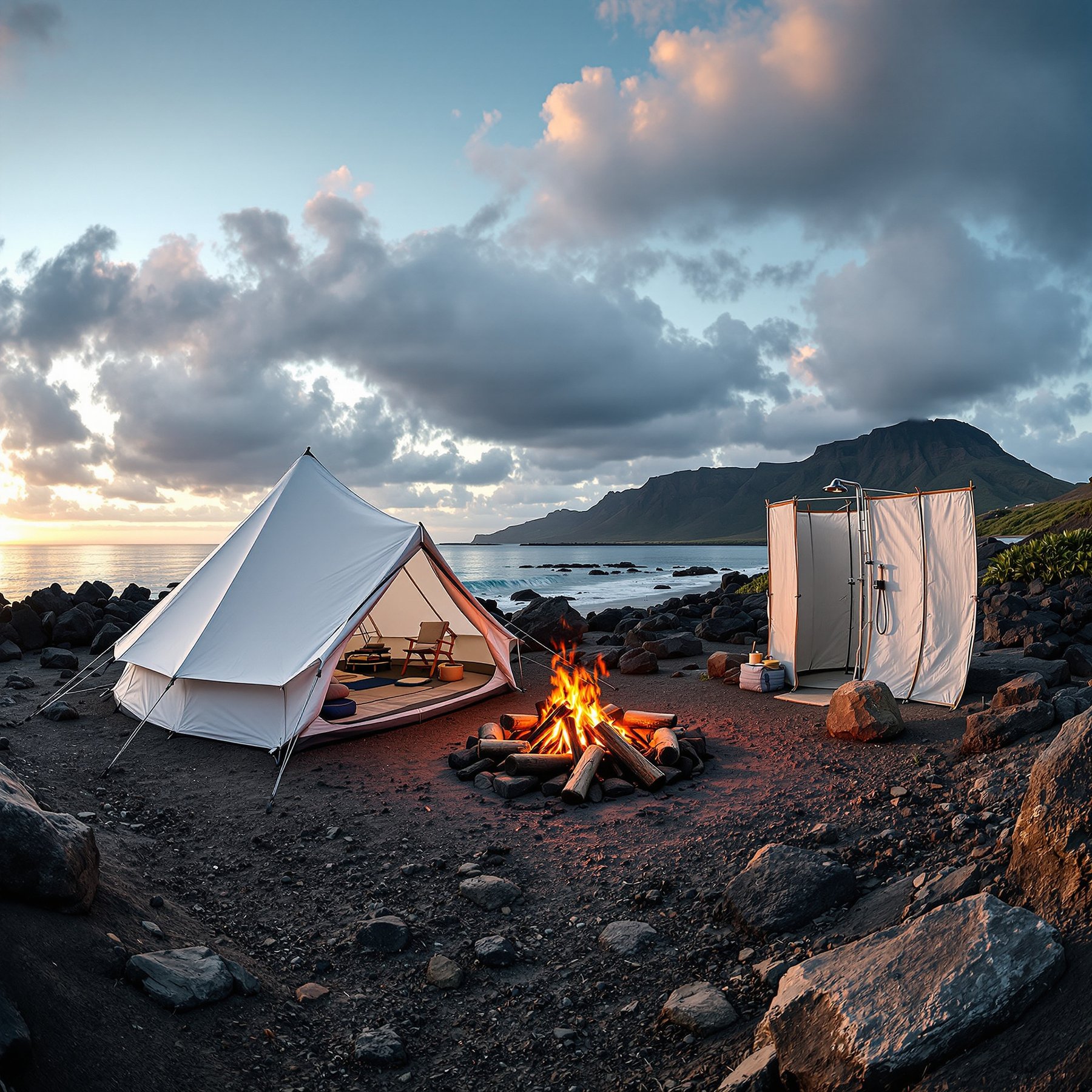 Camp by the ocean with a cozy tent and a warm fire under big, fluffy clouds. Hear the waves and see tall mountains in the distance. There’s even an outdoor shower for freshening up after your adventure!