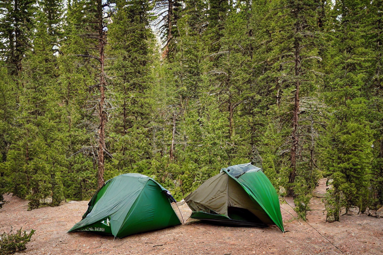 A green camo tent rests beside a rainy campsite under glowing northern lights. A small campfire warms the muddy clearing, ringed by stones and logs. Trees and berry bushes surround the peaceful scene near the Great Sand Dunes.