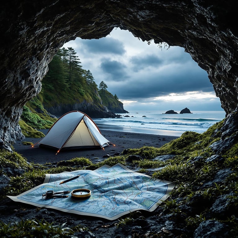 A white tent rests on a rocky beach beside the dark, stormy ocean. Mossy trees and tall grass frame the campsite, while a map and compass sit in the foreground of a shadowy cave. Twilight gives the scene a quiet, adventurous mood.