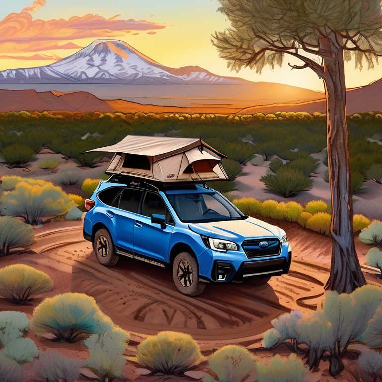 A colorful car with an open rooftop tent rests in a peaceful dirt campsite. Thick bushes, berry-covered branches, and fallen leaves surround a winding path near a warm hot spring. The soft dusk light gives the scene a cozy, adventurous feel.