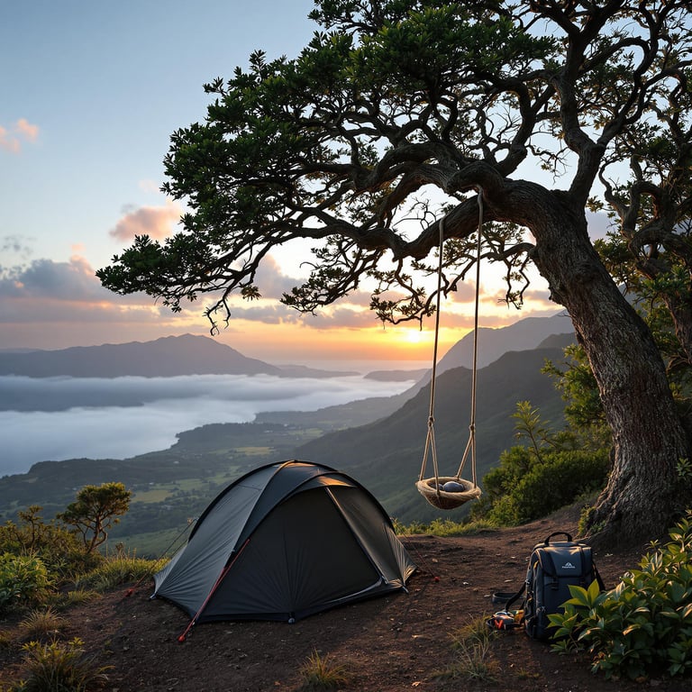 This cozy campsite sits on a hill with an amazing view of lakes and mountains. There's a big tree with a swing and a tent nearby. The sun is setting, making everything glow warm and peaceful.