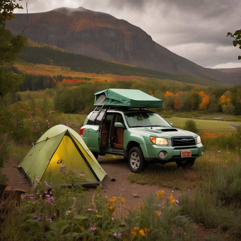 A mint green Subaru rests in a lush valley beneath colorful fall trees. Its rooftop tent is open beside camping chairs and a wooden campsite sign, while storm clouds gather overhead. Wildflowers bloom in the meadow, adding a soft touch to the cozy nighttime camp.