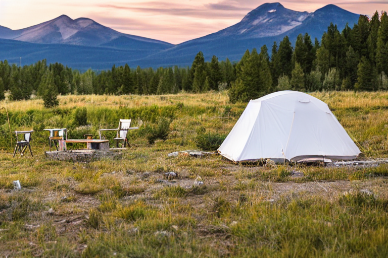 A white tent rests on a paved campsite in Montana’s golden sunlight. Rocky ground, green bushes, and small trees surround a sunny dirt patch, with a box of camping gear nearby.