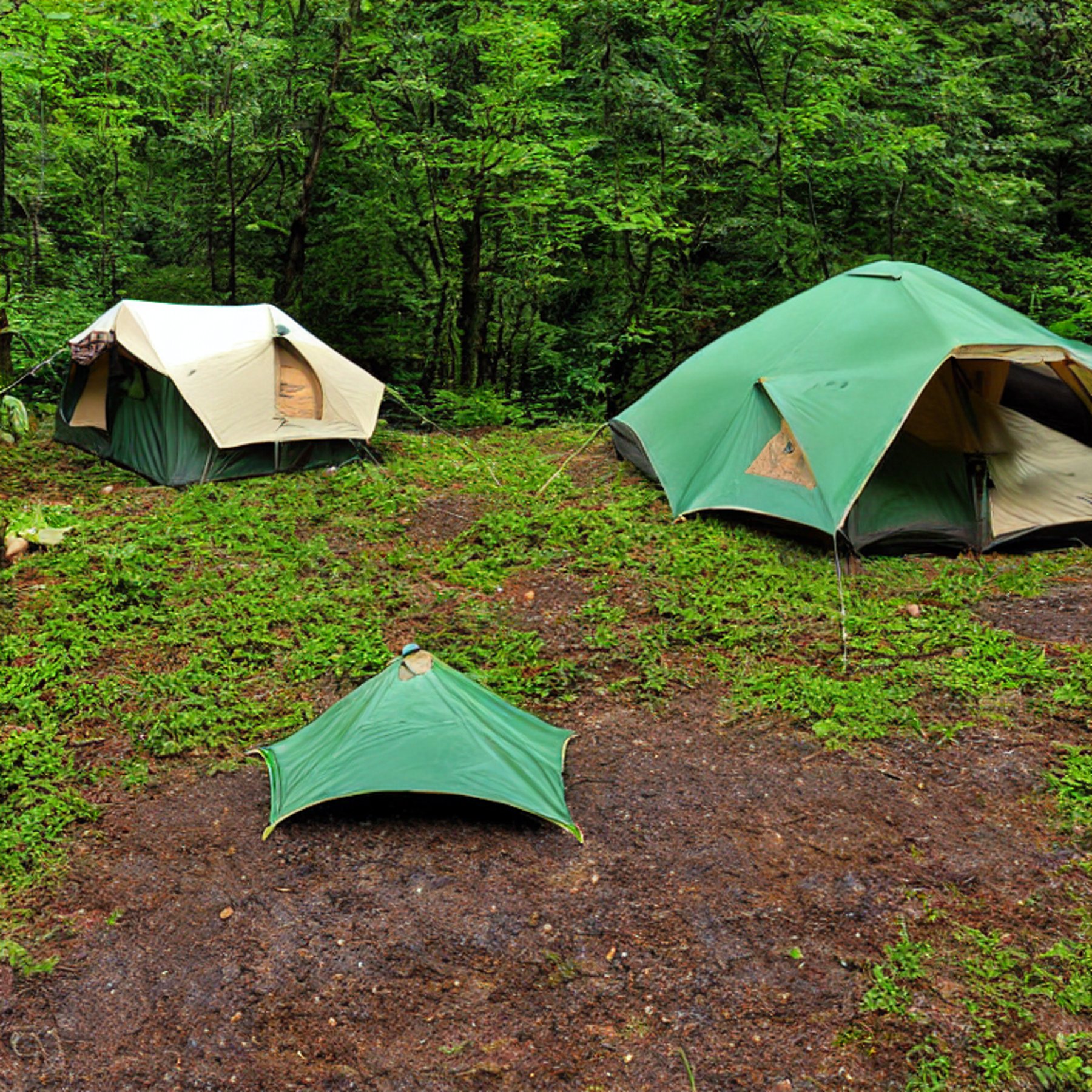 A green and tan tent sits on a dirt campsite in the rainy Smoky Mountains. Ferns and small flowers grow around the campfire, while hikers pass nearby.