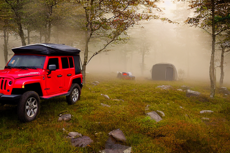 A red Jeep with a rooftop tent rests at a quiet campsite in the foggy hills of India. Fall-colored trees surround the stone-covered ground, while hikers enjoy the peaceful dusk.