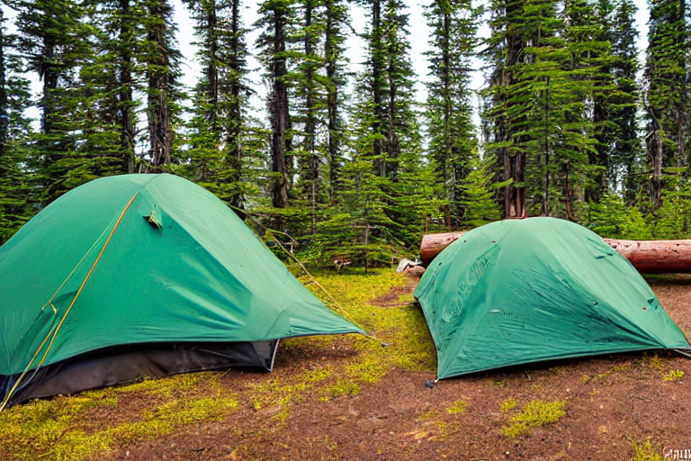 A green tent rests on a quiet dirt clearing in Isle Royale National Park. Above it, bright northern lights dance across the clear night sky. A warm campfire, logs, and a white cooler make the rocky campsite feel cozy.