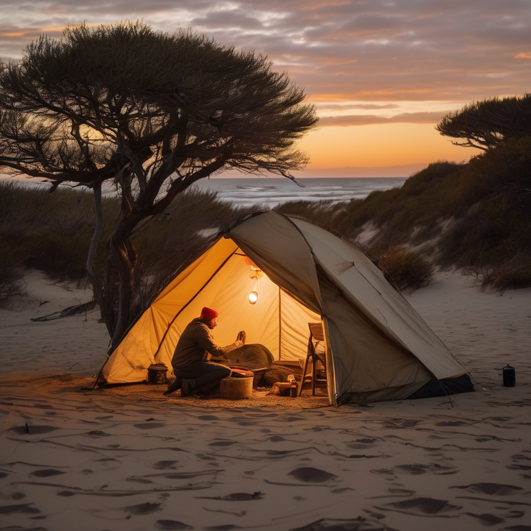 A tan tarp shelter sits on a sandy beach beside the ocean as the sun sets. A warm campfire glows near the center, with logs, a cooler, and a solar lantern hanging from a tree. Wind sweeps across the campsite while a camper shines a flashlight in the distance.