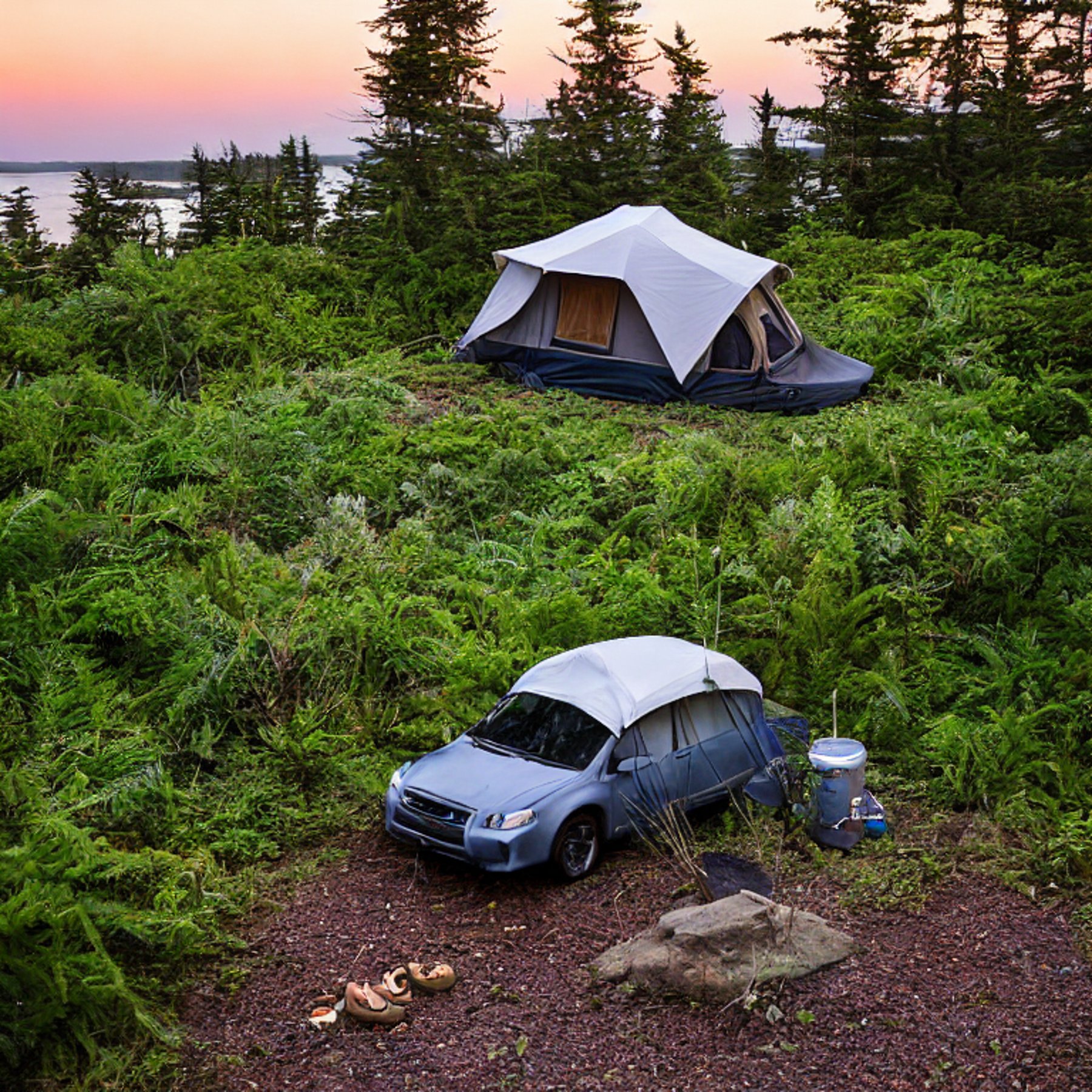 A Subaru with a cozy rooftop tent rests on a dirt campsite along the stormy Maine coast. Ferns cover the ground, while a wooden guitar lies nearby. Dusk light gives the camp a peaceful, wild feeling.