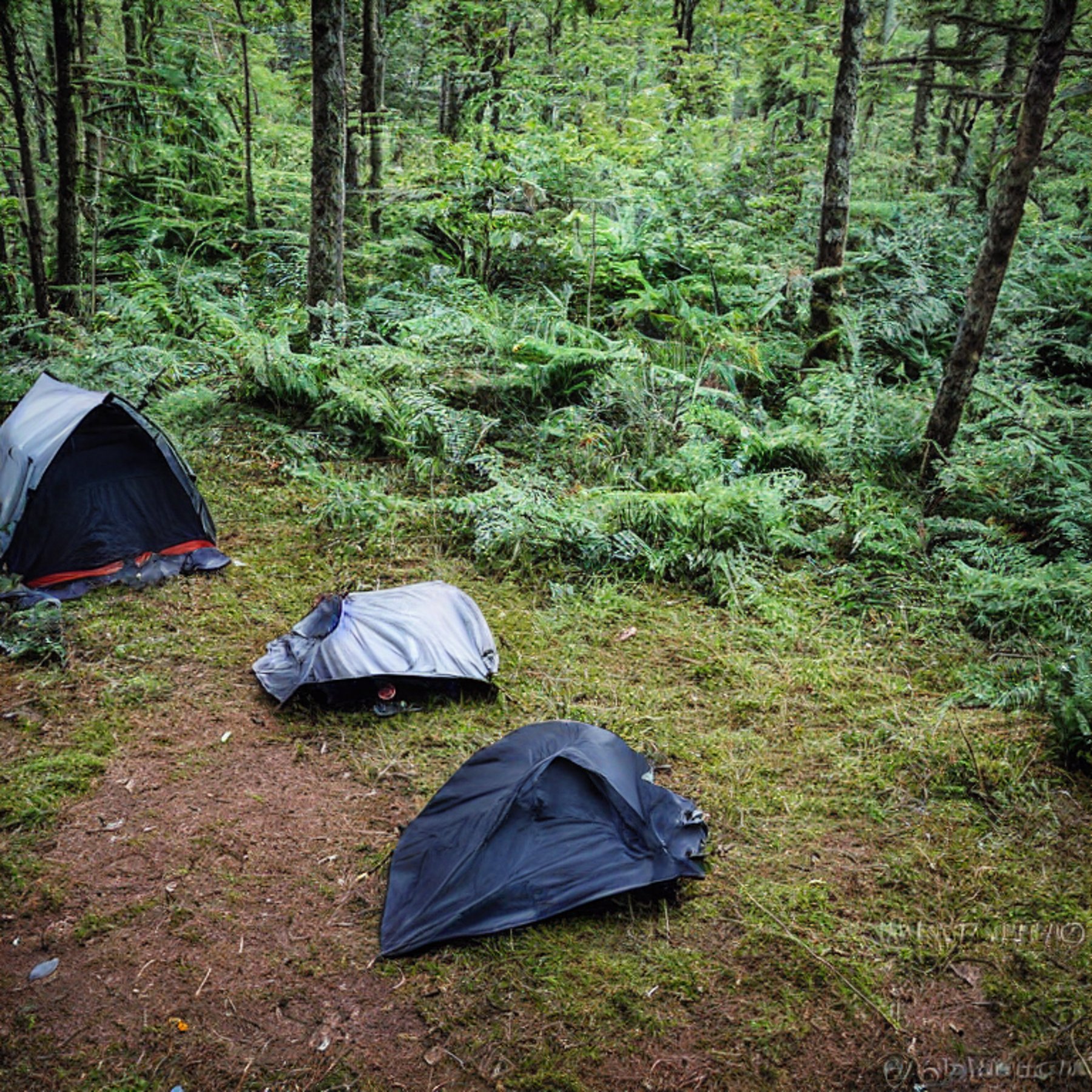 A black tent rests in a snowy Smoky Mountain campsite, glowing beside a warm campfire. Ferns and tall grass surround the dirt clearing, while clothes hang from a nearby line and a wooden guitar lies on the ground.