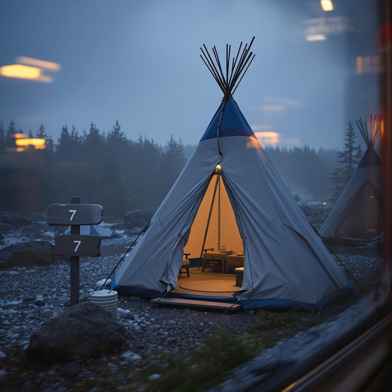 A blue-gray tepee rests on rocky ground in the misty woods of Acadia National Park. A wooden sign marked “7” stands nearby, while a warm flashlight glows inside the tent.