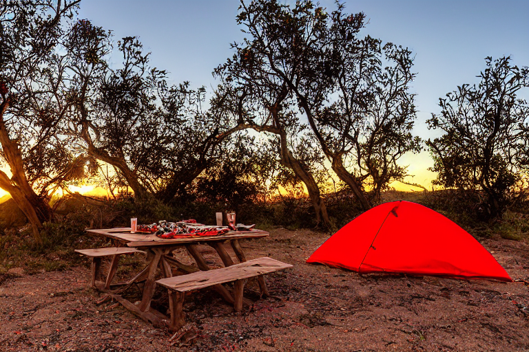 A bright red tent rests near a warm campfire at a sunny San Diego beach. Large stone slabs, berry bushes, and a picnic table surround the sandy campsite, while the sunset paints the sky with soft golden light.