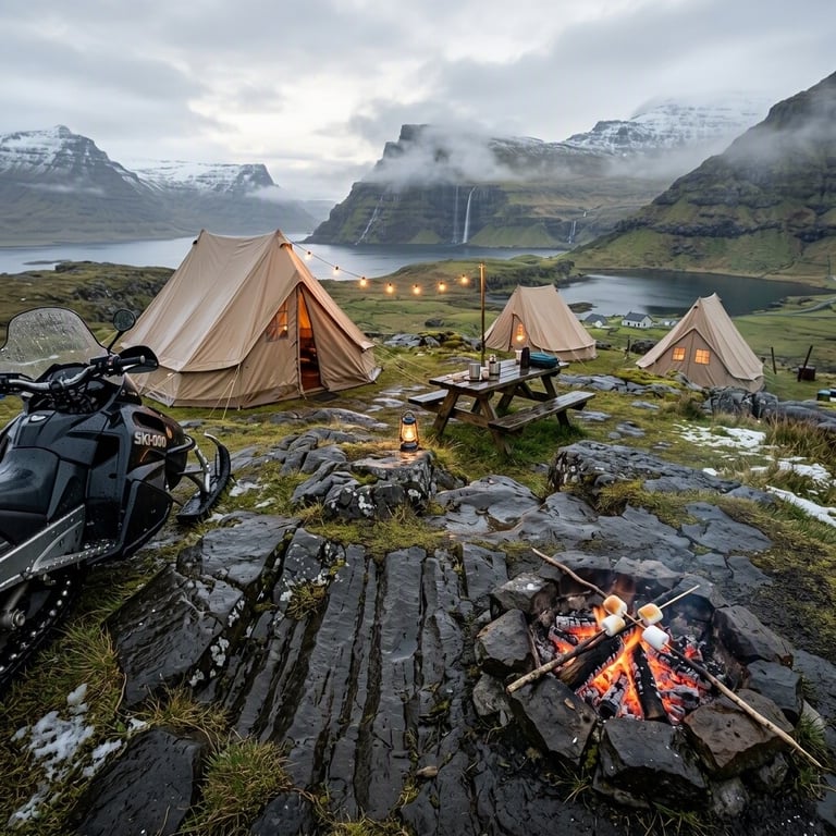 Three canvas tents sit on a rocky hill in misty winter weather. Warm string lights glow beside a picnic table and a small fire with marshmallows. Green slopes and dark sea cliffs stretch into the quiet distance.