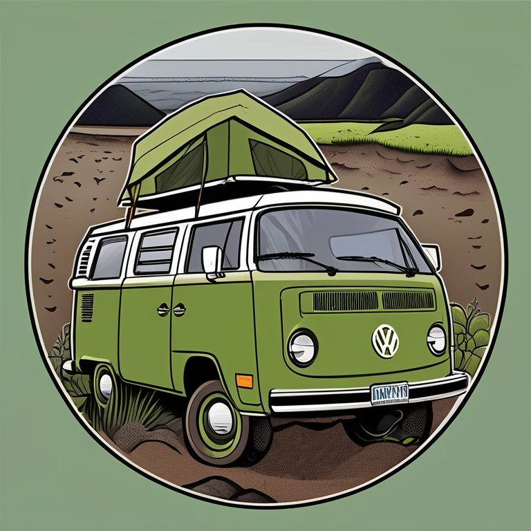 A green VW campervan rests on a muddy campsite beneath a rainy night sky. Rolling hills and dark mountains rise in the distance, while a box of camping gear sits nearby.
