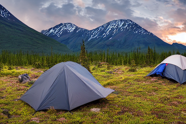 A tent rests on a paved campsite in the wild Alaskan wilderness. Hikers stand nearby as rain falls softly, with a backpack beside a dirt path and rough ground. Pale sunrise light shines through the gray sky.
