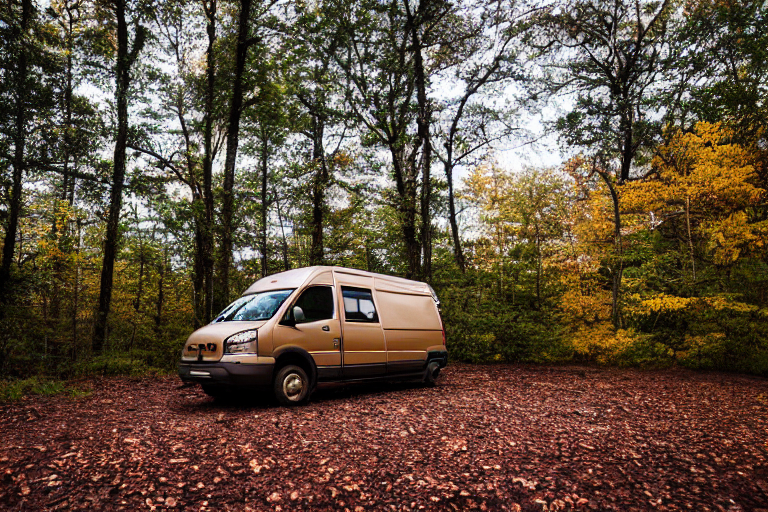 A brown camper van rests at a quiet campsite in the Ozark woods at dusk. Mossy trees glow with fall colors as storm clouds gather overhead. A warm campfire, logs, and a small lantern make the dirt clearing feel cozy.