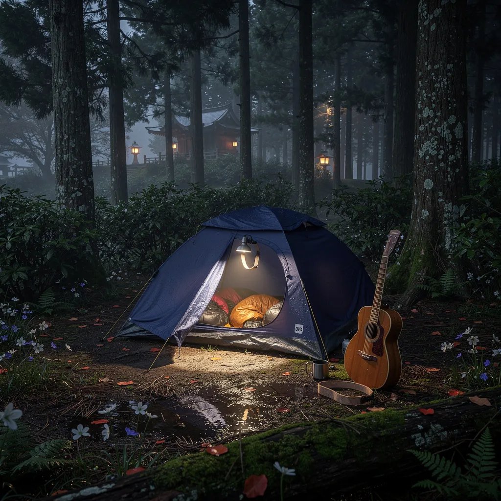A cozy navy blue tent glows warmly in a quiet forest clearing, with a soft headlamp shining on the damp ground. Moonlight slips through the trees and a light mist hangs in the air. Wildflowers and a mossy fallen log frame the scene, and an acoustic guitar rests beside the tent.