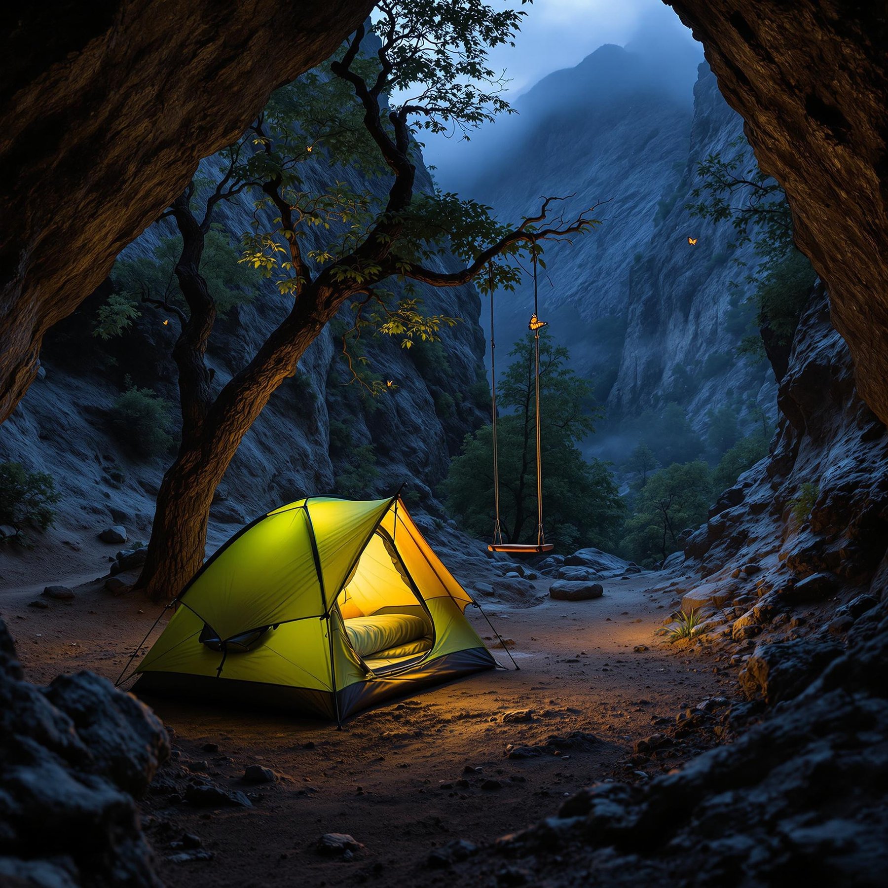 Nestled in a cozy rocky canyon, this glowing tent looks like a warm beacon under the starry night sky. A gentle swing hangs from a tree, perfect for quiet moments surrounded by whispering trees and twinkling fireflies. The air is fresh and magical, making it a dreamy spot for adventure.