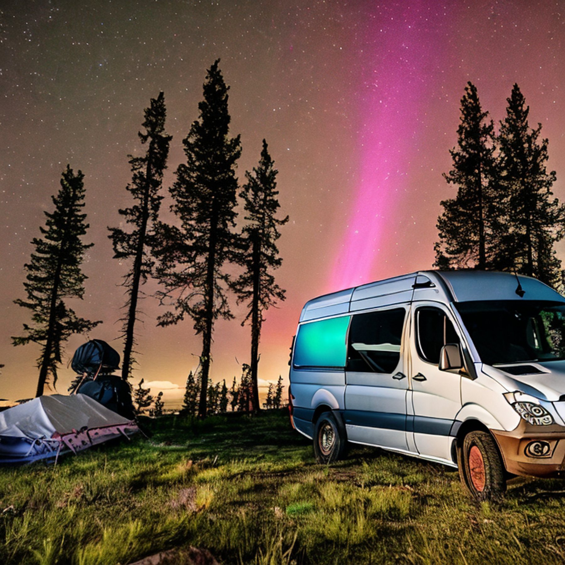 A cozy camper van rests on a quiet dirt campsite beneath glowing northern lights. Dark mountains rise in the distance, while clouds drift across the night sky. A backpack sits nearby, ready for adventure.