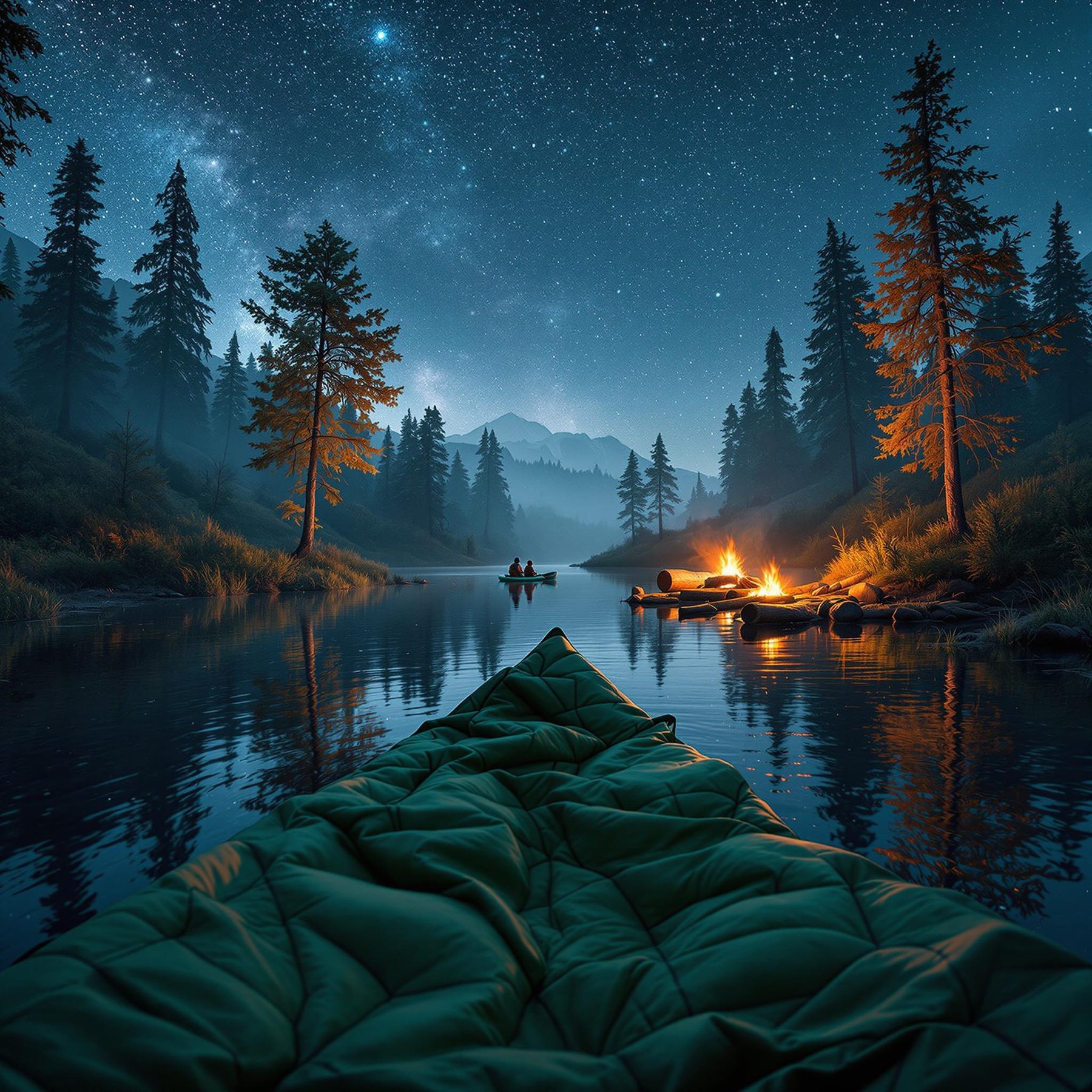 Under a sparkling starry sky, a cozy campfire glows by the riverbank, surrounded by tall, whispering pine trees. The night is calm, with reflections dancing on the water as friends paddle gently in the distance. Mountains loom like shadows, creating a magical, peaceful scene.