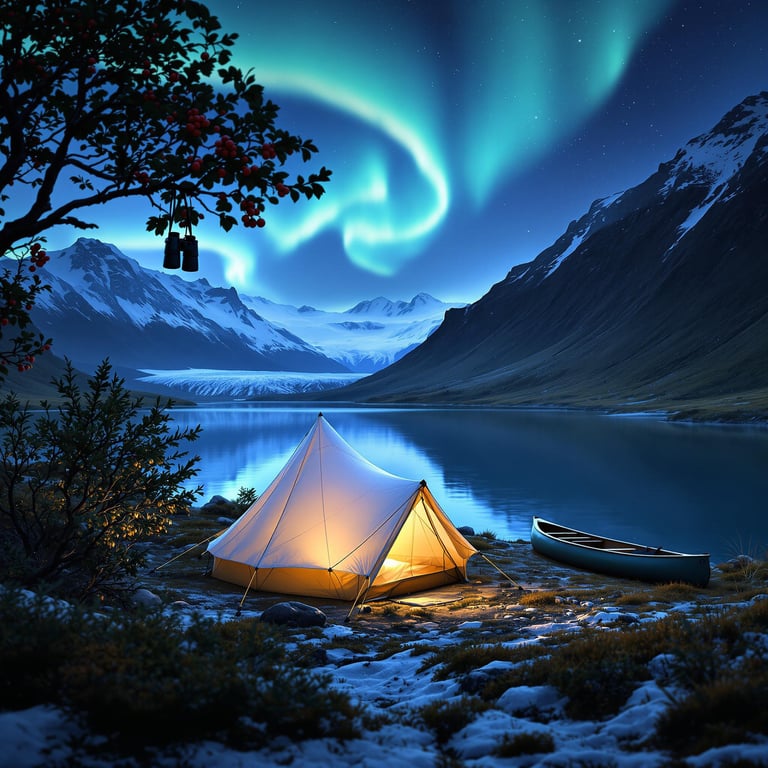 A glowing tent sits by a calm lake under the magical dance of green northern lights. Snowy mountains watch over as a canoe rests quietly nearby. It's a perfect night for adventure and wonder under the starry sky.