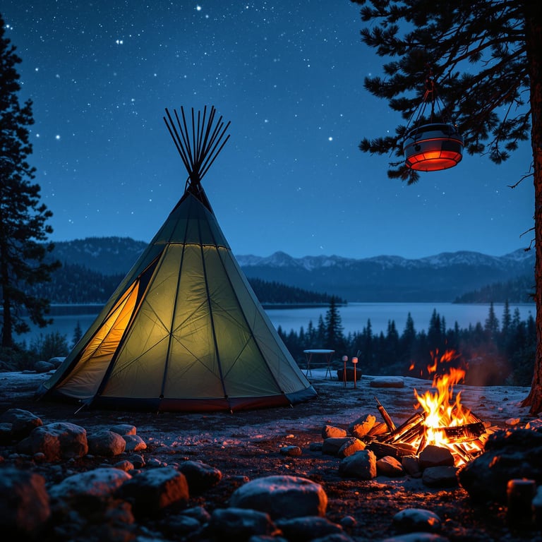 A green-and-tan teepee rests beside Lake Tahoe under a cold, sleety night sky. A bright campfire warms the stone-covered ground as marshmallows roast over the flames. A bear-proof food container hangs safely from a nearby tree.