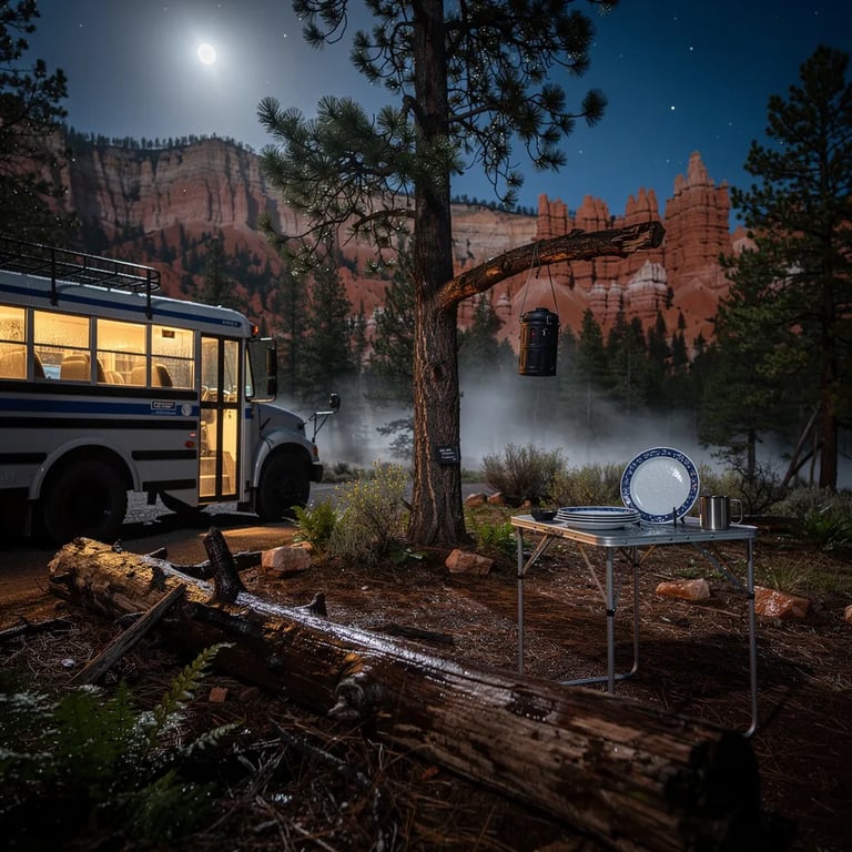 A quiet forest clearing glows under a thin crescent moon, with red rock spires standing dark in the distance. A grey-and-blue bus sits at the edge of camp, its warm window light shining on wet pine needles and ferns. A bear canister hangs from a strong branch, and a small table holds stacked enamel plates. The air feels cool and misty after a light rain.