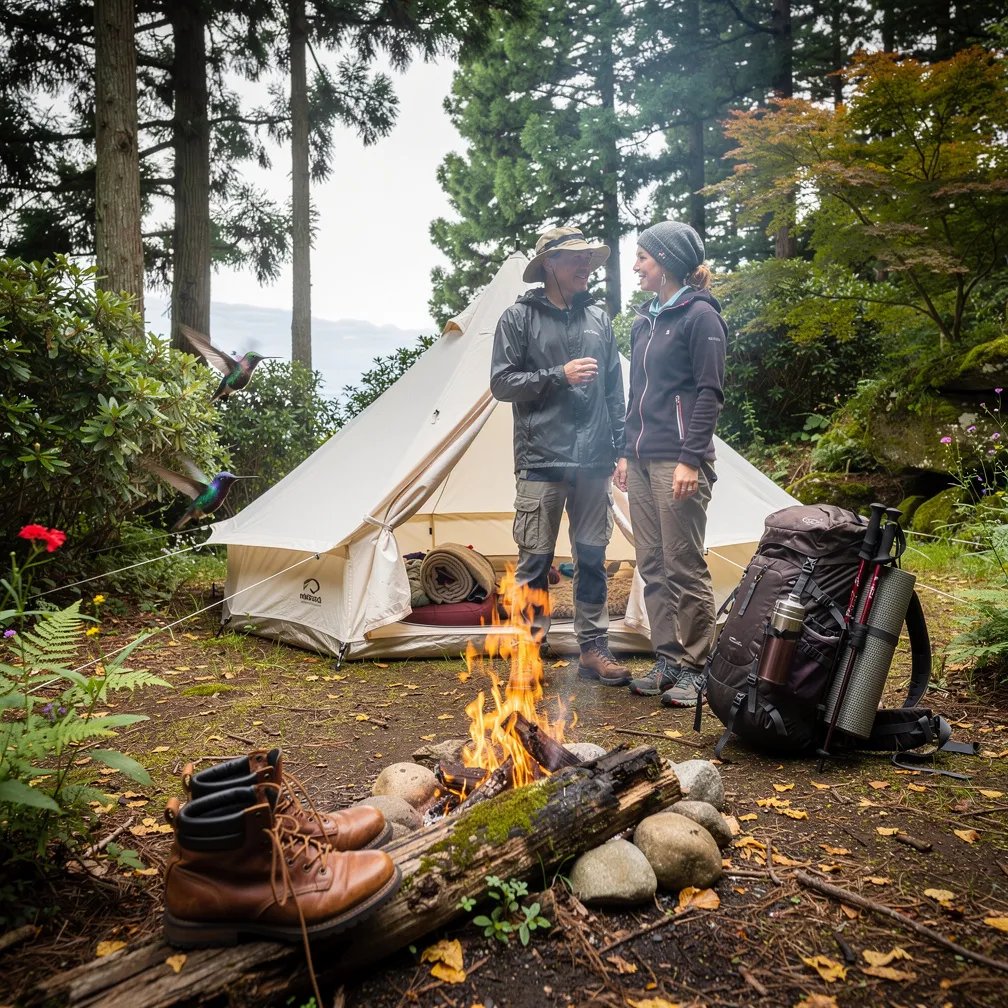 A quiet clearing on Miyajima Island is surrounded by thick green bushes and coastal trees. A white bell tent sits on the packed earth, with two hikers talking softly by the door. A warm campfire flickers in front, and a tiny hummingbird hovers near a wildflower.