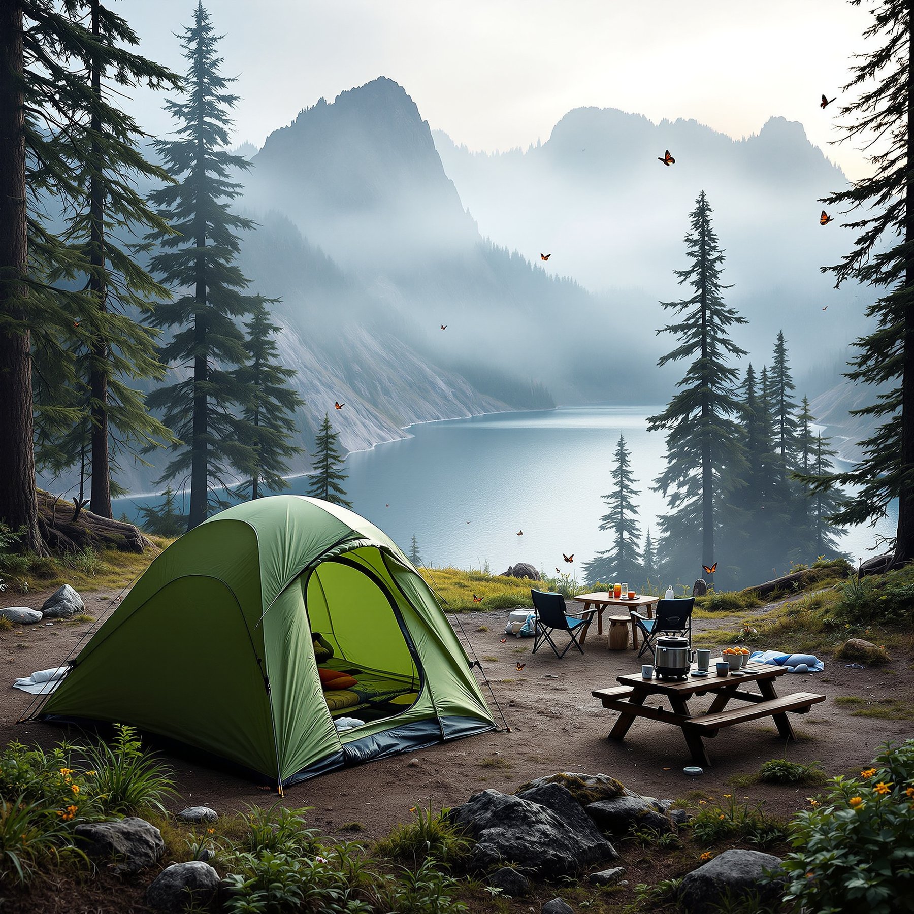 A cozy green tent sits by a calm lake, surrounded by tall pine trees and misty mountains. Butterflies fly through the fresh morning air, and a picnic table is ready for breakfast. It’s a peaceful place to explore nature and relax by the water.