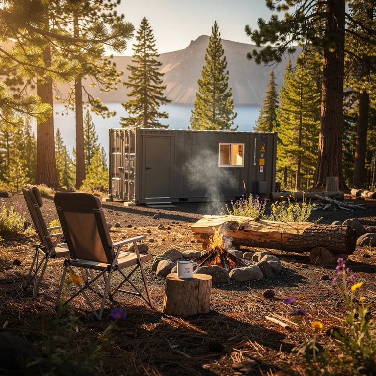 Warm golden sunlight falls on a quiet campsite at the edge of a pine forest, with a deep blue lake shining far away. Two chairs sit by a stone fire ring, where soft smoke curls into the still air. A slate-gray cabin rests back in the trees, and a tin mug waits on a log near the flames. Dry volcanic ground is sprinkled with needles and a few bright wildflowers.