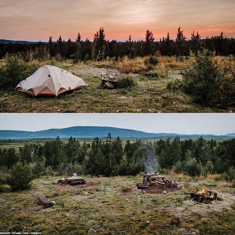 A cozy tent rests on a quiet dirt campsite in the Idaho plains. Mossy trees, berry bushes, and patches of stone surround a warm campfire as soft fog drifts through the sunset light.