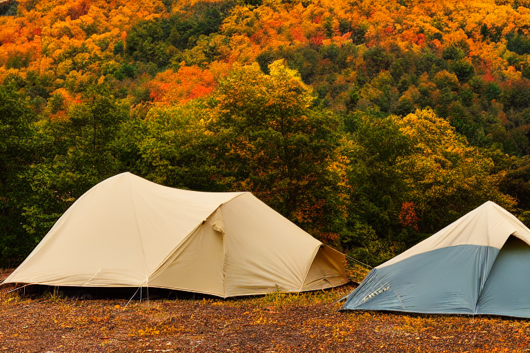 A tan tent rests on a paved campsite beside a muddy patch in the rain. Fall-colored trees, rolling hills, and misty mountains create a peaceful Smoky Mountain setting under the night sky.