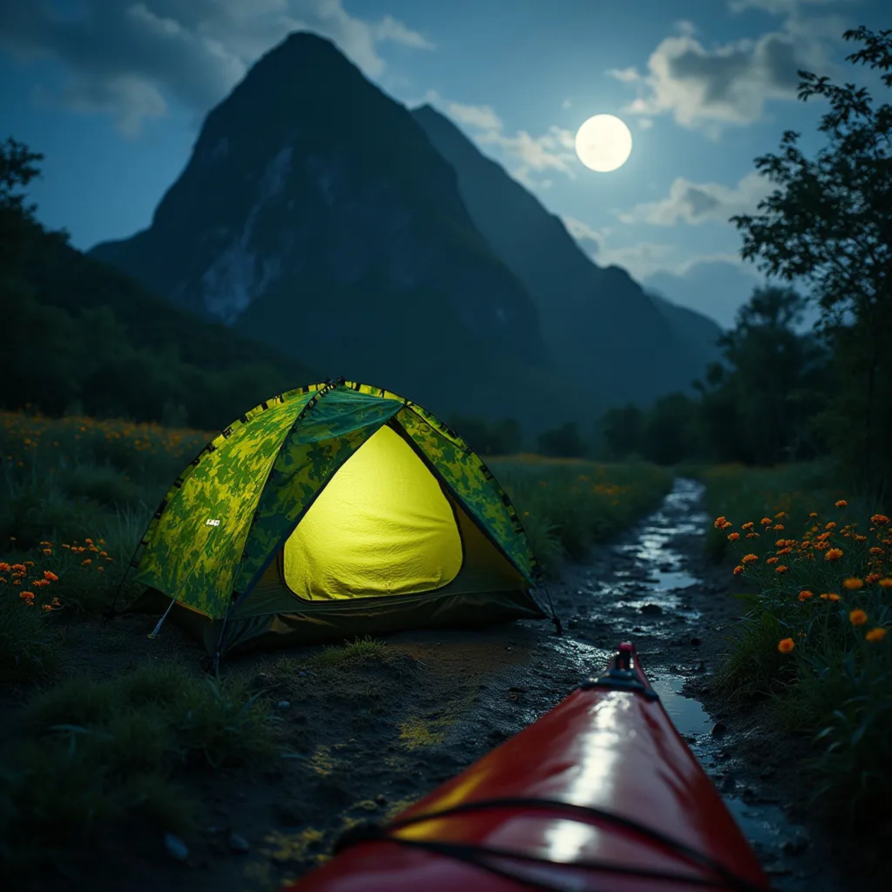 A green camo bivy sack rests beside a dirt trail in Soufrière under a bright full moon. Fireflies glow around the flowers, while a mountain rises in the misty background. Seen from a kayak, the quiet campsite feels wild and magical.