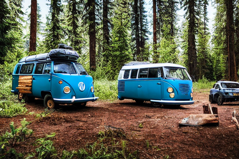 A blue VW campervan rests in a sunny dirt campsite beneath tall trees. Camping chairs sit near a crackling fire and a large log, while a person with a flashlight stands in the distance.