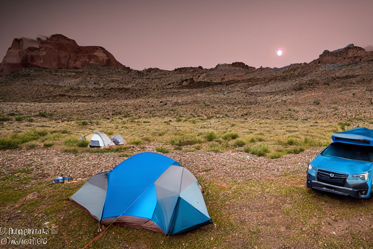 A cozy campsite rests beneath the glowing northern lights in Capitol Reef National Park. A gray and blue Subaru with a rooftop tent sits beside a warm campfire, with logs, stones, and a lantern nearby. Cloudy skies, red rock scenery, and a distant moon create a peaceful night.
